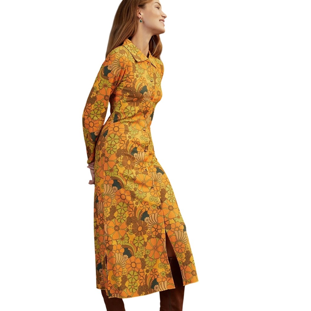 Damson Madder Dolly Psychedelic Midi Dress Size 10 Autumn Orange Floral 70 Retro